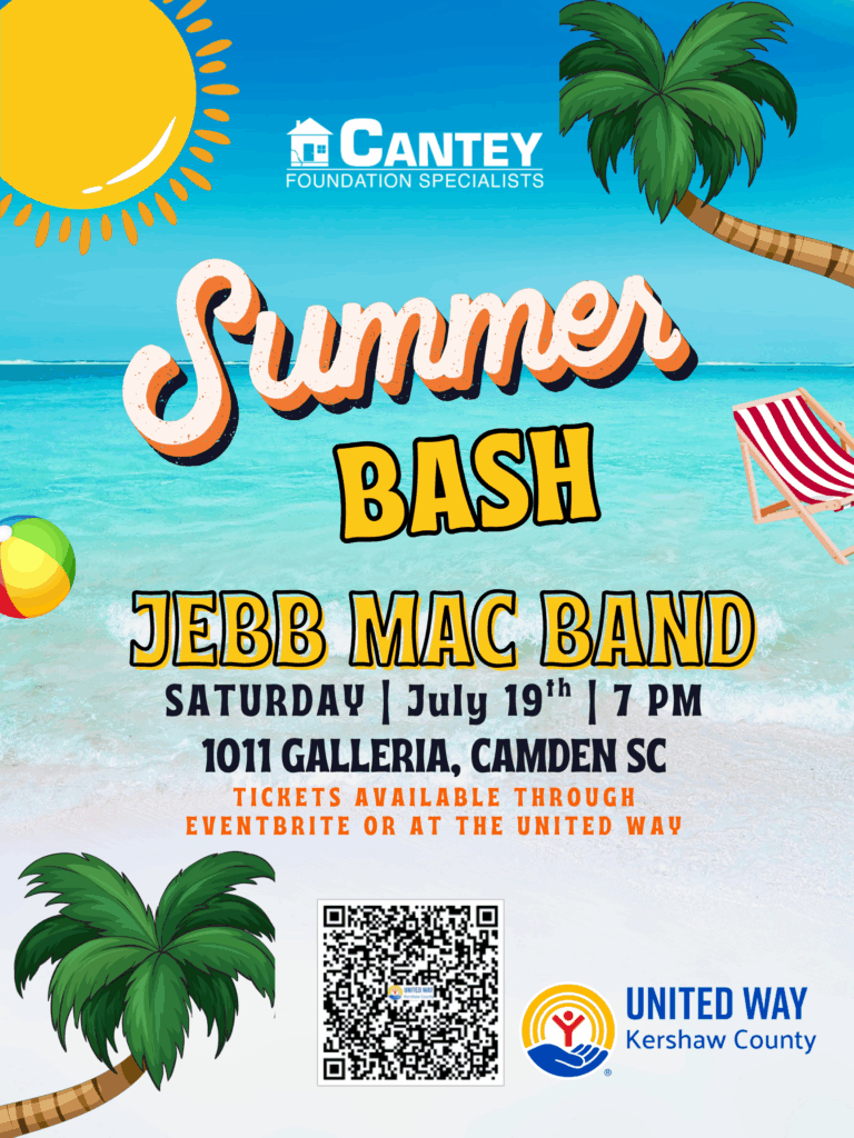 Colorful Summer Bash event flyer with beach scene, event details, and a QR code for ticket purchase.